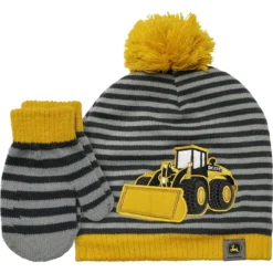 John Deere Grey Striped Construction Pom-Pom Beanie Set