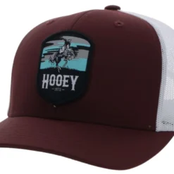 Hooey Cheyenne Maroon/White 6 Panel Trucker Cap With Black/Teal/Grey Square Patch - Youth