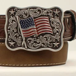 M&F Boys Nocona Embossed USA Flag Buckle Brown Belt