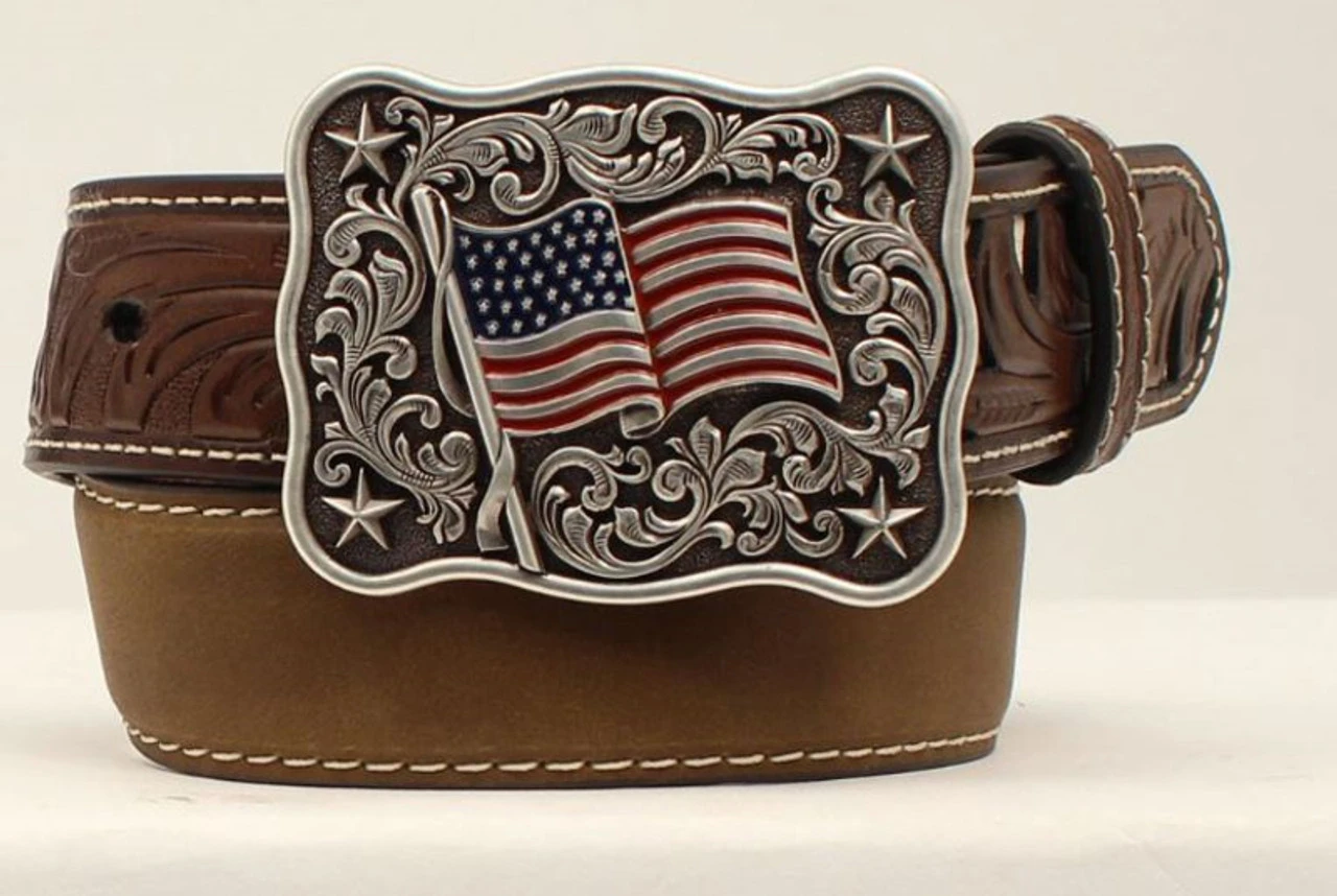 M&F Boys Nocona Embossed USA Flag Buckle Brown Belt