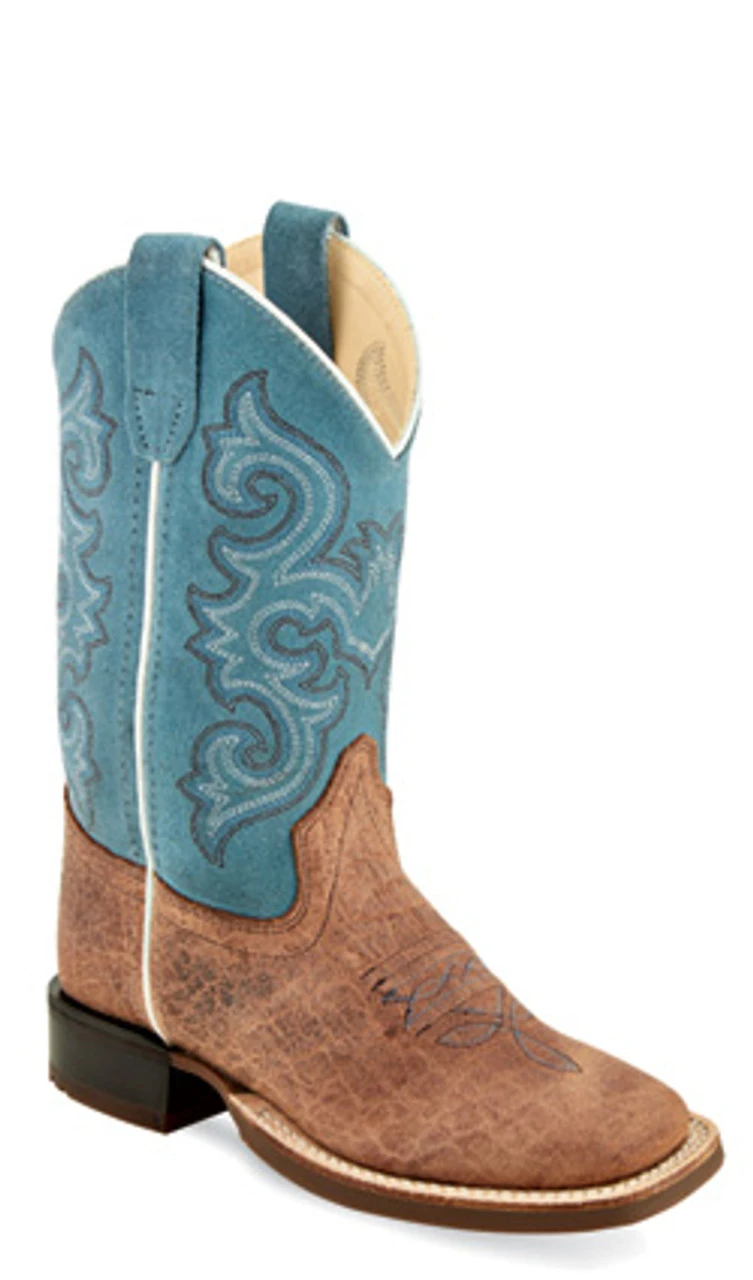 Old West Boots Boy's Jack Brown Bull And Sky Blue Suede Shaft