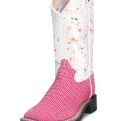Old West Children Girls Pink Lizard Boot With White Paint Splatter Shaft