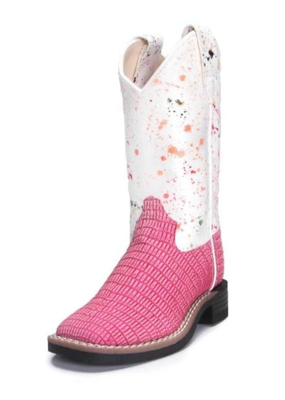 Old West Children Girls Pink Lizard Boot With White Paint Splatter Shaft