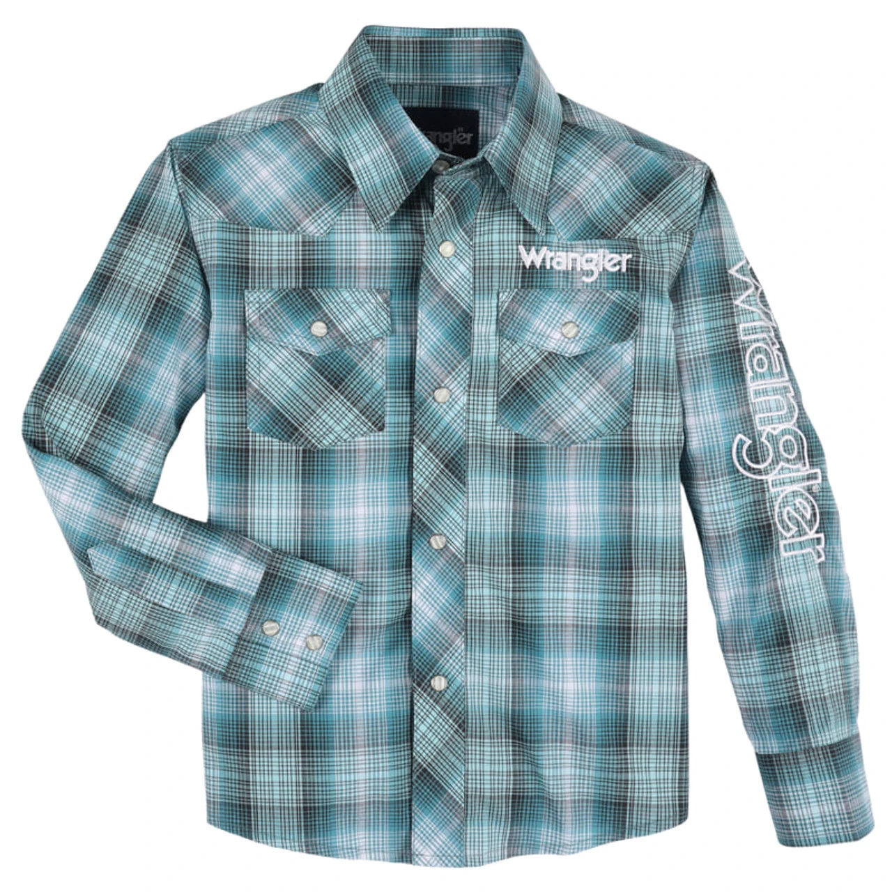 Wrangler Boy's Logo Long Sleeve Western Snap Shirt In Bold Blue Plaid