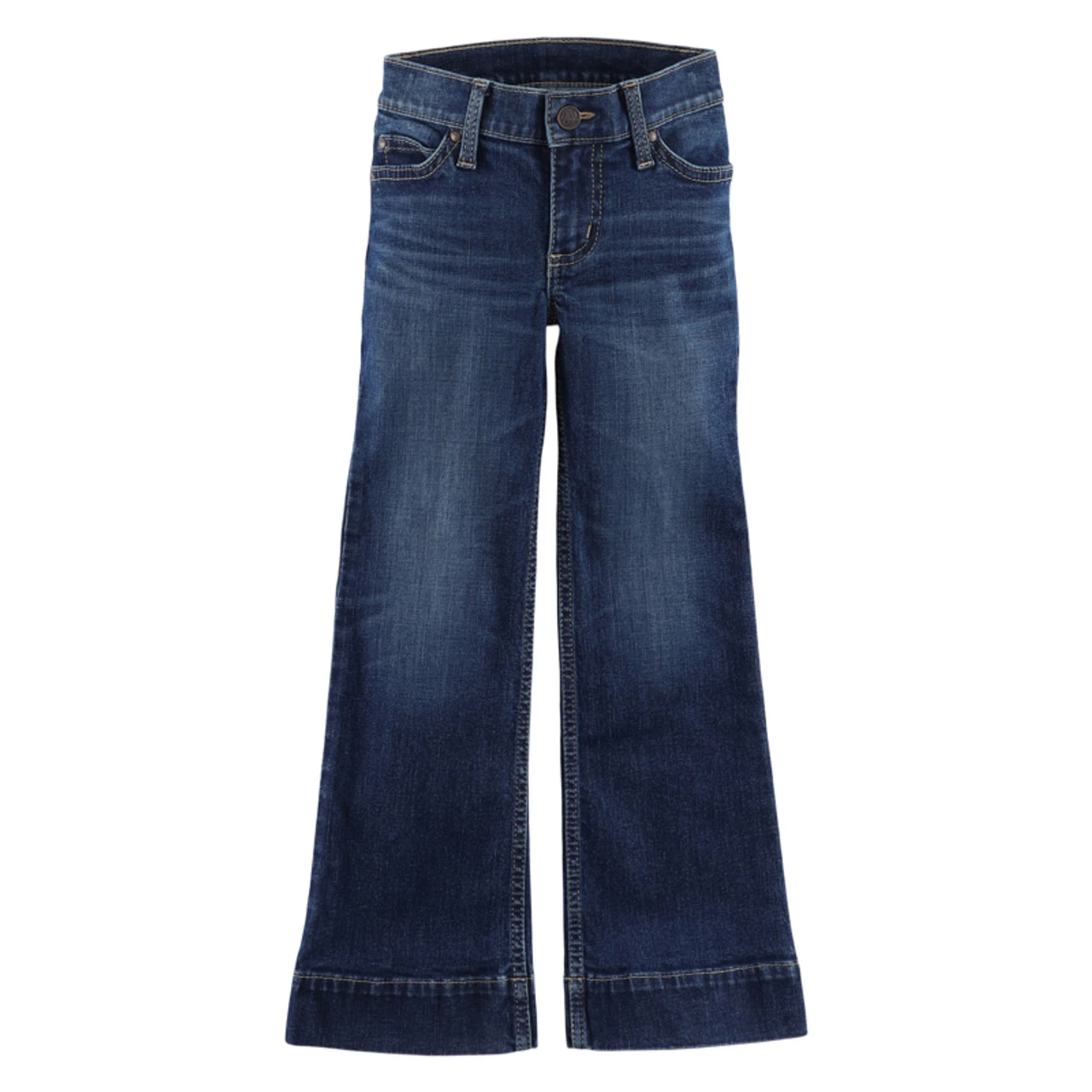 Wrangler Girl's Trouser Hi-Rise Dark Wash Jeans In Regular And Slim With Brown "W" Embroidery