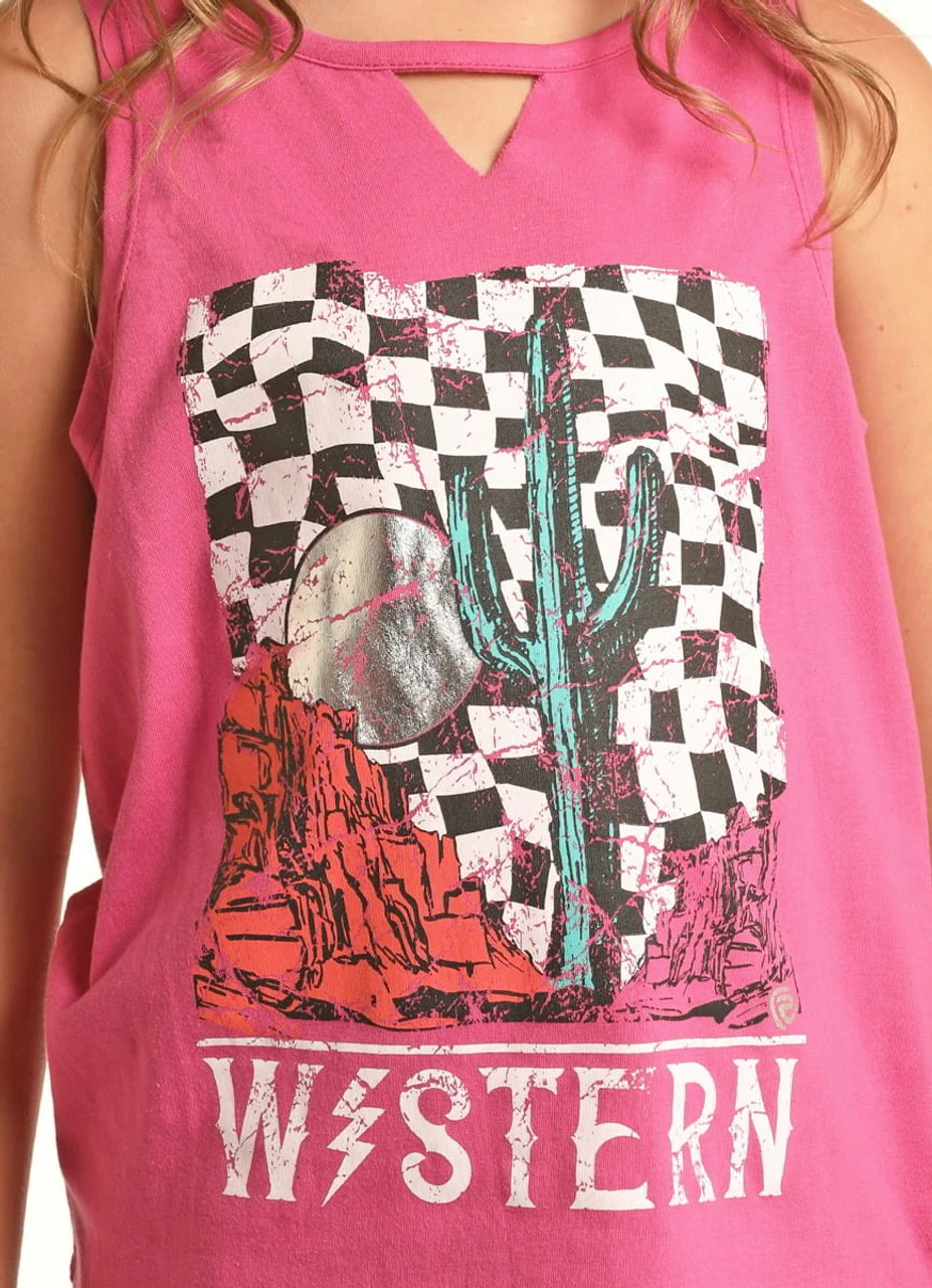 Rock & Roll Denim Girls Fuchsia Western Tank Top - Image 2