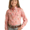 Rock & Roll Denim Girls Coral Longhorn Western Print Snap Long Sleeve Shirt