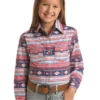 Rock & Roll Denim Girls Navy & Red Aztec Print Long Sleeve Western Shirt