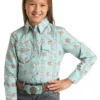 Rock & Roll Denim Girls Sky Blue Cowboy Western Print Long Sleeve Western Shirt