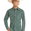 Rock & Roll Denim Boys Teal & Black Paisley Long Sleeve Snap Western Shirt