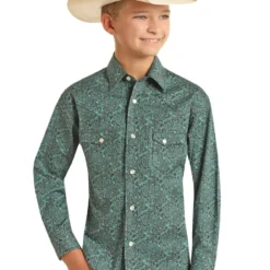 Rock & Roll Denim Boys Teal & Black Paisley Long Sleeve Snap Western Shirt