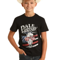 Rock & Roll Denim Boys Black Dale Brisby POW POW Steer With Sunglasses Americana Graphic Short Sleeve T-Shirt