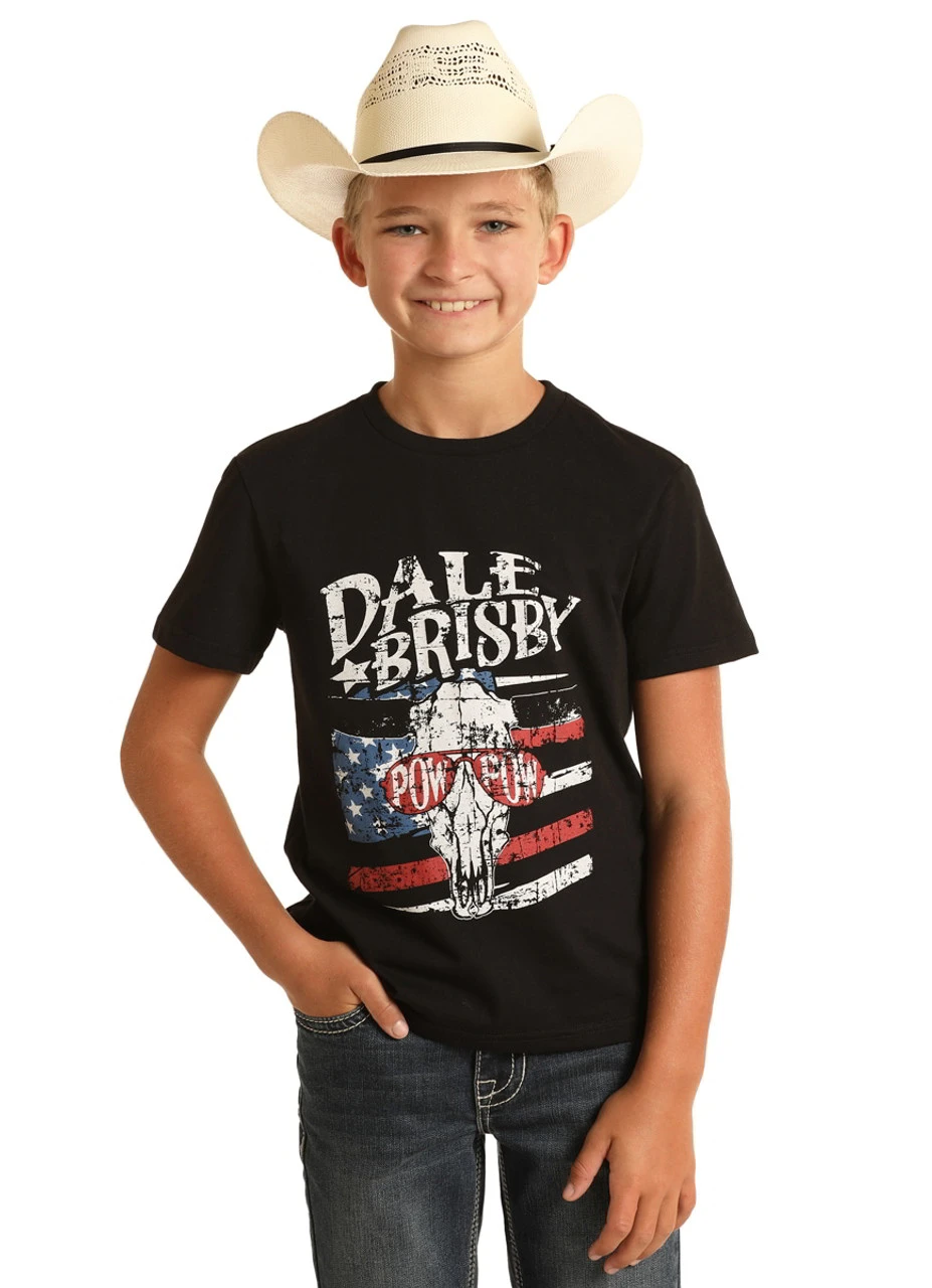 Rock & Roll Denim Boys Black Dale Brisby POW POW Steer With Sunglasses Americana Graphic Short Sleeve T-Shirt