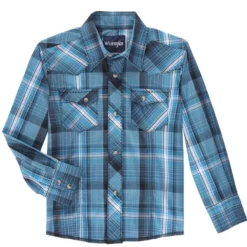 Wrangler Boys Fashion Long Sleeve Teal Snap Shirt