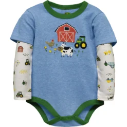 John Deere Infant Boys Barnyard Farm Friends Bodyshirt In Chambray Blue With Farm Print Long Sleeve