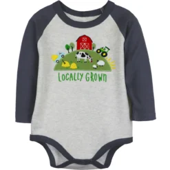 John Deere Infant Boys Locally Grown Raglan Long Sleeve Shirt In Heather Grey With Navy Sleeves