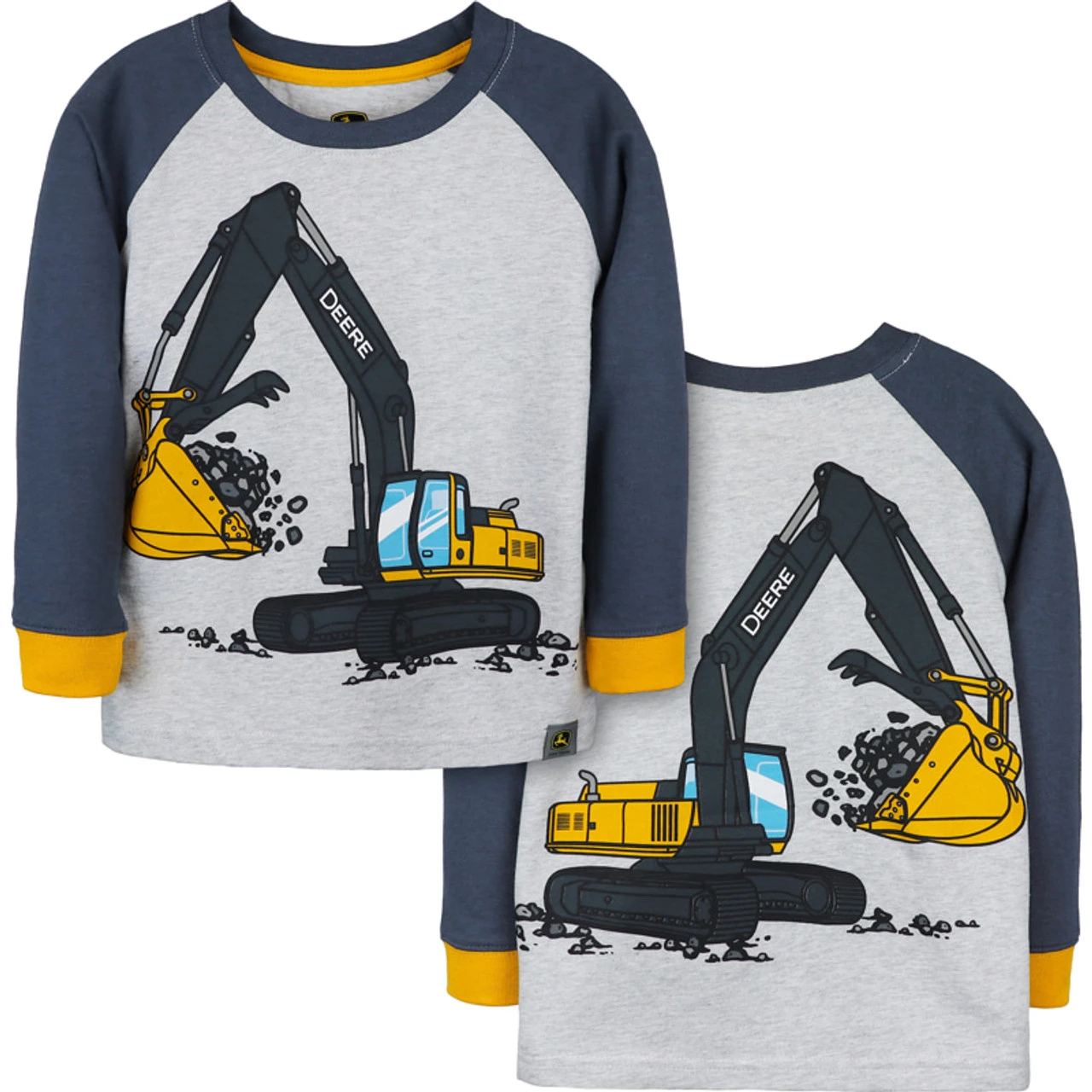 John Deere Toddler Boys Ash Grey Construction Long Sleeve With Navy Sleeves