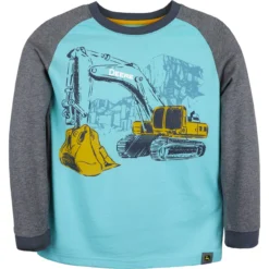 John Deere Boys Excavator Aqua Sky Long Sleeve Shirt With Grey Raglan Sleeves