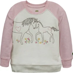John Deere Toddler Girls Horse Love Oatmeal Heather With Pink Raglan Long Sleeve Sweater