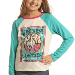 Rock & Roll Cowgirl Girl's Wild West Club Pack Graphic Peacock And White Long Sleeve Shirt