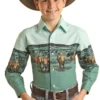 Rock & Roll Cowboy Boy's Emeral Buffalo Print Snap Long Sleeve Shirt