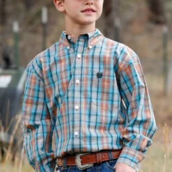Cinch Boys Blue And Orange Woven Long Sleeve Shirt