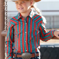 Cinch Girls Orange And Navy Woven Long Sleeve Snap Shirt