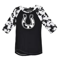 Cowgirl Hardware Youth Girls Black Cow Print Horseshoe Graphic Long Sleeve Shirt