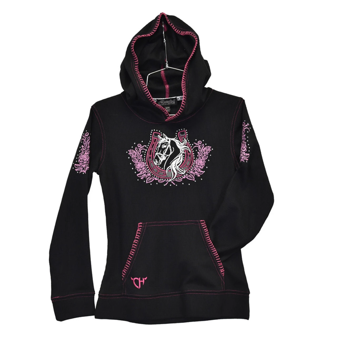 Cowgirl Hardware Youth Girls Black/Pink Horse Graphic Hoodie
